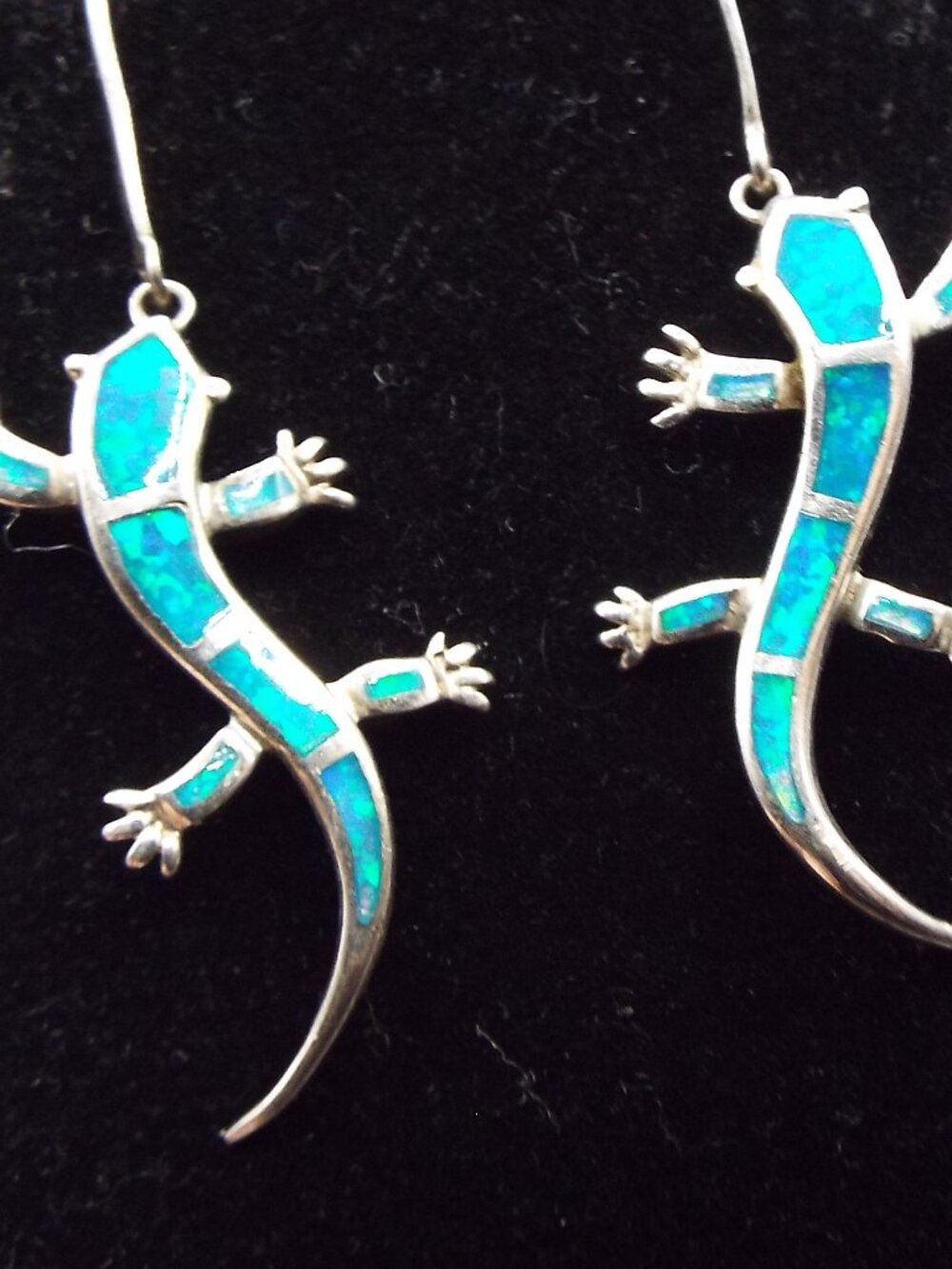 STERLING W/ BLUE & GREEN INLAY OPAL GECKO, LIZARD DANGLY EARRINGS G - Picture 2 of 3